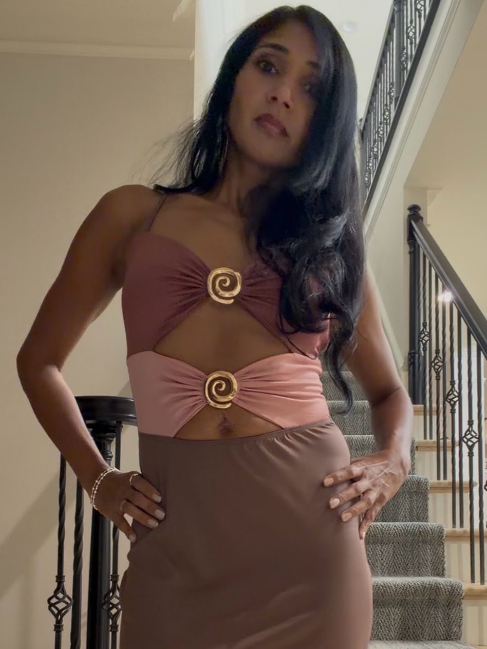Rainbow Two-Tone Cutout Mini Dress in Brown and Dusty Pink with Gold Accents